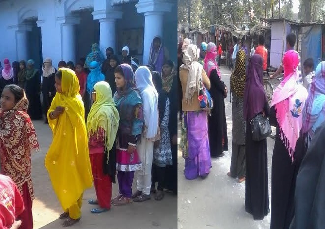Students and staff of Madrasa Fasih Ul Banat Asthawan, Nalanda forming a human chain on Saturday.