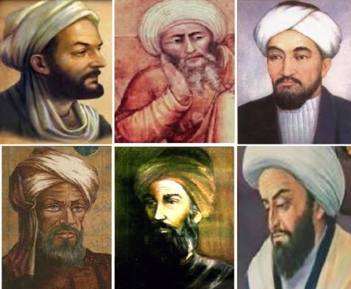 Ibne Sina, Ibne Rushed, Ibn Musa al-Khwarizmi , Abū al-Qāsim al-Zahrāwī , Jābir ibn Ḥayyān, Abu Nasr Al-Farabi