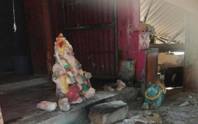 A Pillaiyar temple in Chemmani, Jaffna was vandalised this week, with the statue of the deity smashed. Photo courtesy Tamil Guardian